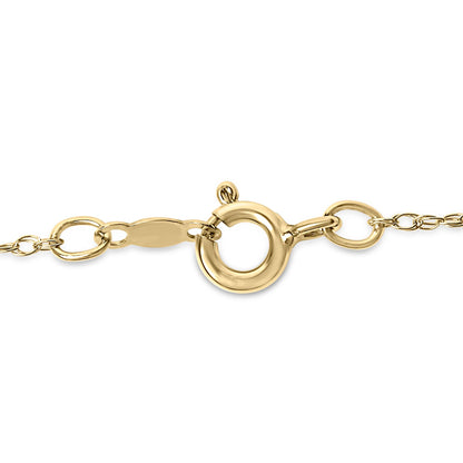 Close-up, top angle view of a yellow metal bracelet clasp showing a circular spring ring clasp and attached chain links on a white background.