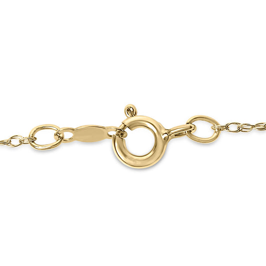 Close-up, top angle view of a yellow metal bracelet clasp showing a circular spring ring clasp and attached chain links on a white background.