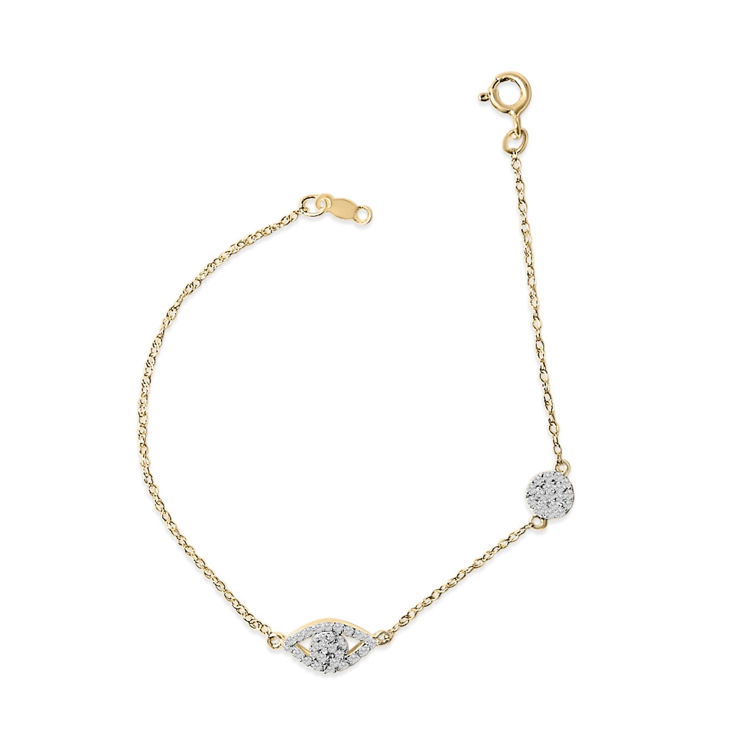 Yellow metal bracelet with white gemstones in round shapes arranged in a central eye and circular motifs, shown from a top-down angle on a white background.