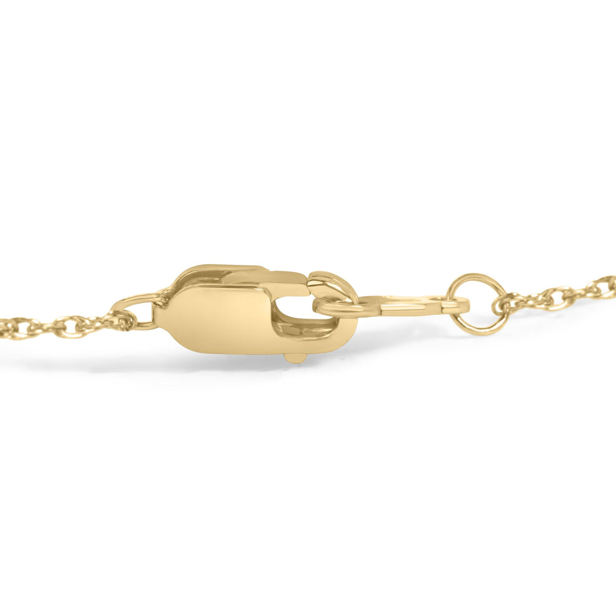 Close-up front view of a yellow metal bracelet clasp and chain links shown on a white background.