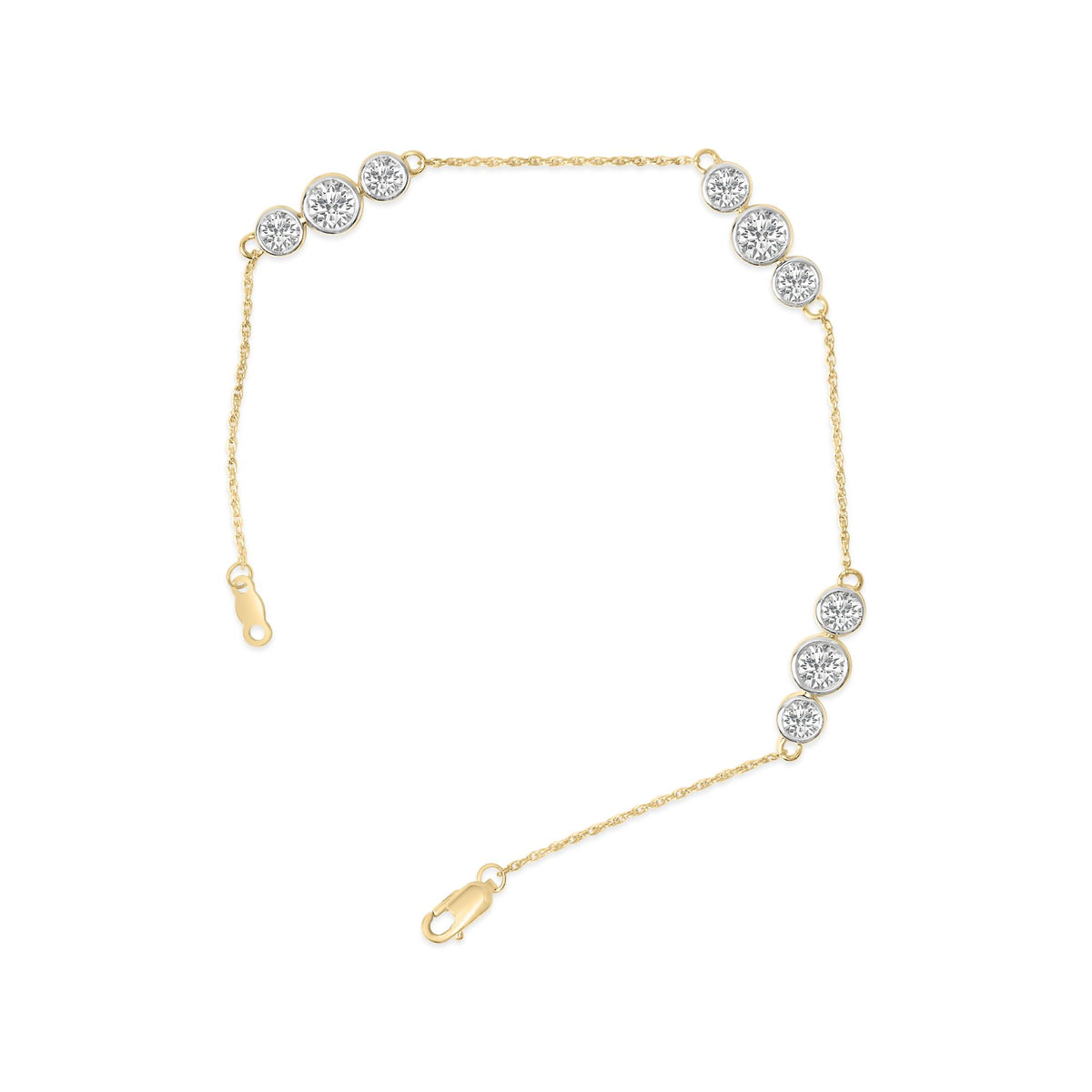 Close-up front angle shot of a yellow bracelet with alternating round white gemstones in prong settings, shown on a white background.