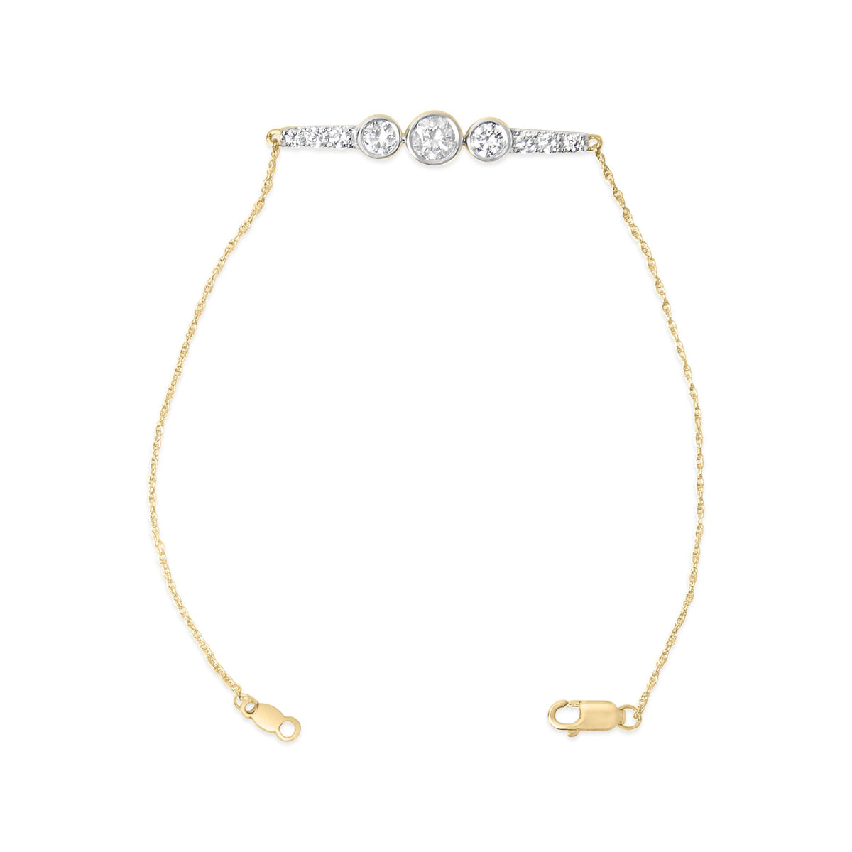 Yellow bracelet with a delicate chain, featuring a bar centerpiece with small white gemstones and three larger round white gemstones in the center, shown flat against a white background from a top-down angle.