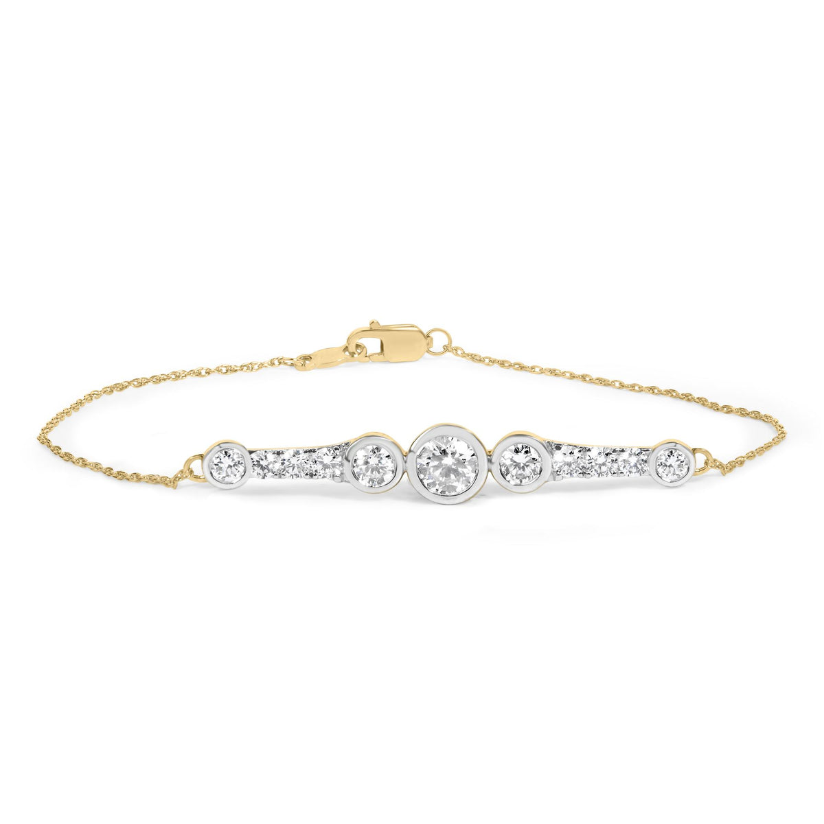 Close-up front view of a yellow bracelet with a delicate chain and a central bar adorned with round white gemstones in prong and bezel settings.