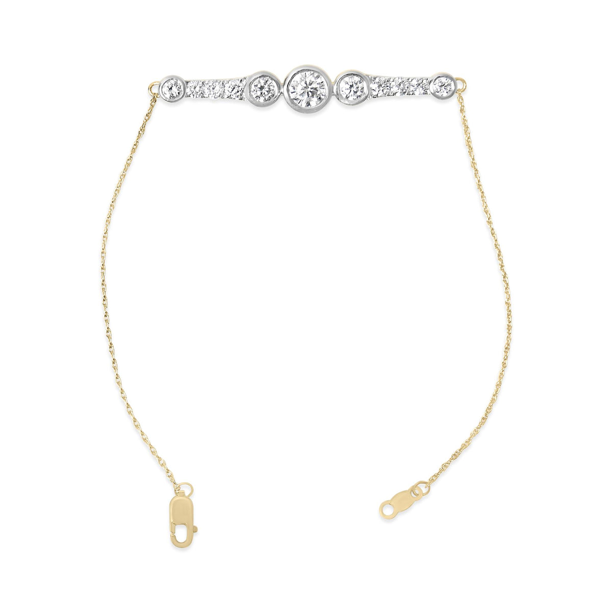 Close-up front view of a yellow metal bracelet with a delicate chain. The bracelet features a central curved bar adorned with multiple round white gemstones in prong and bezel settings, arranged in a symmetrical pattern. The bracelet is shown unfastened against a white background.