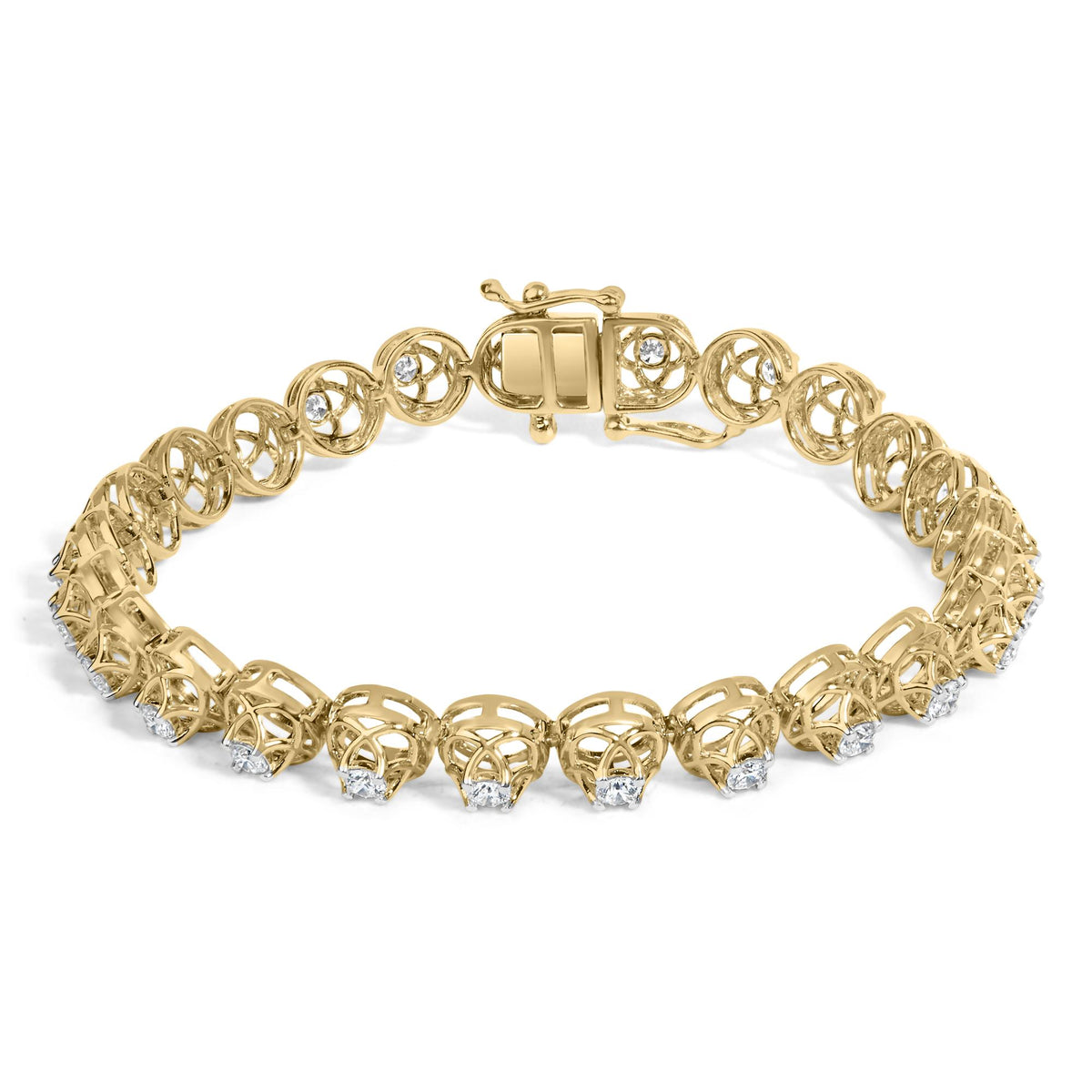 Close-up top angled view of a yellow metal bracelet with circular links each set with a white round gemstone in a prong setting.