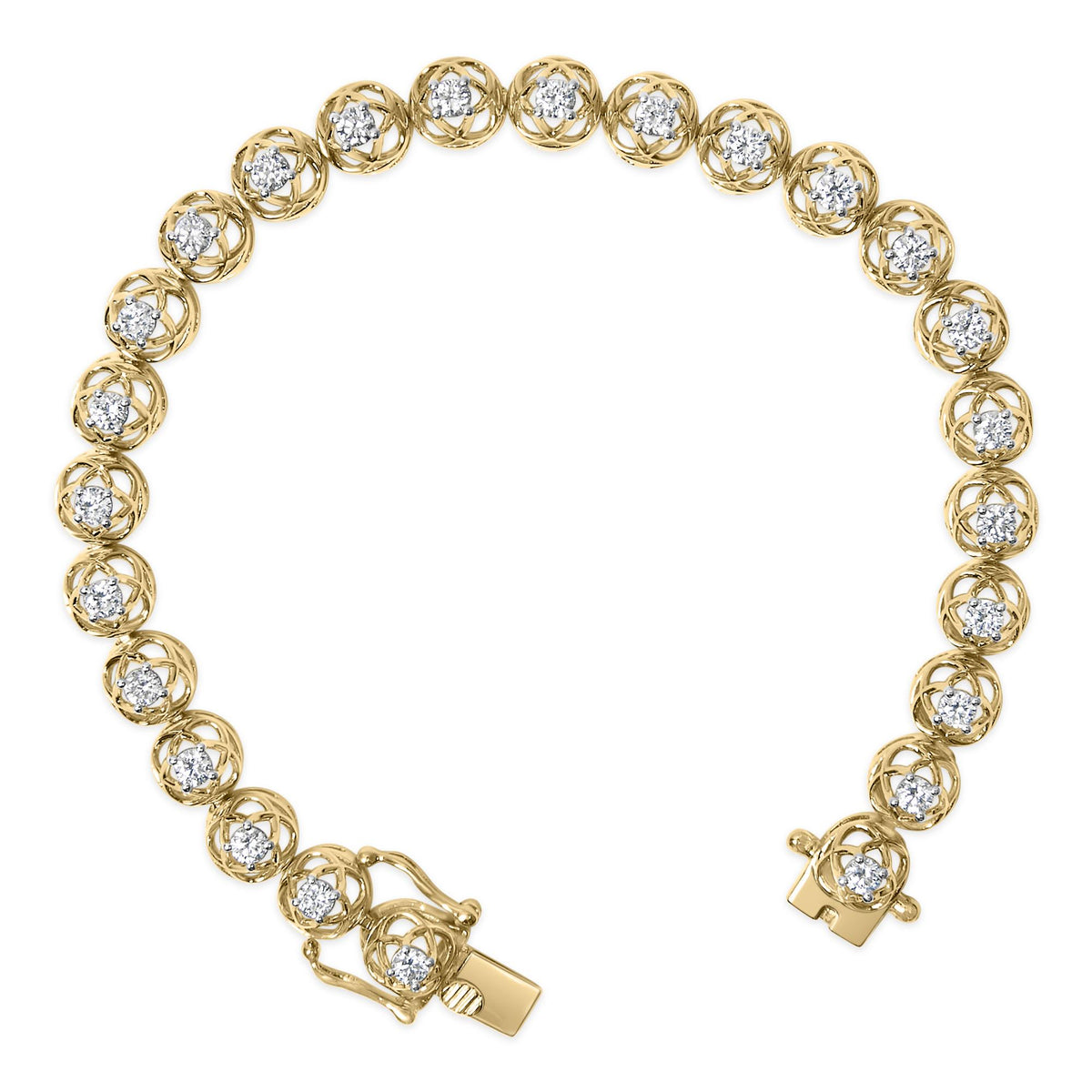 Yellow bracelet shown from above with circular links each featuring a white round gemstone in prong settings.