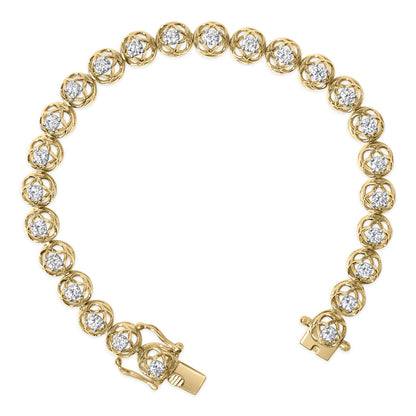 Yellow bracelet shown from above with circular links each featuring a white round gemstone in prong settings.