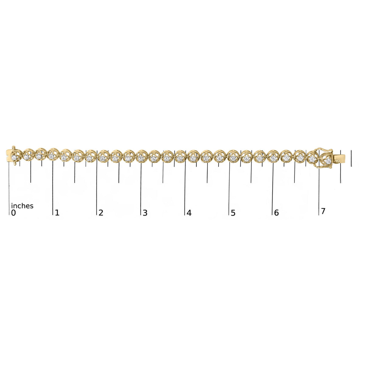 Close-up front view of a yellow metal bracelet with round white gemstones in prong settings, shown on a measurement scale.