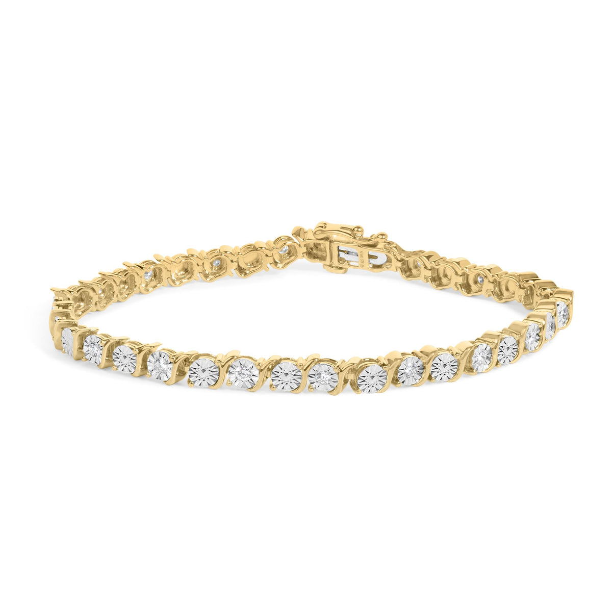Close-up angled shot of a yellow metal bracelet with round white gemstones in prong settings, shown flat with the clasp open.