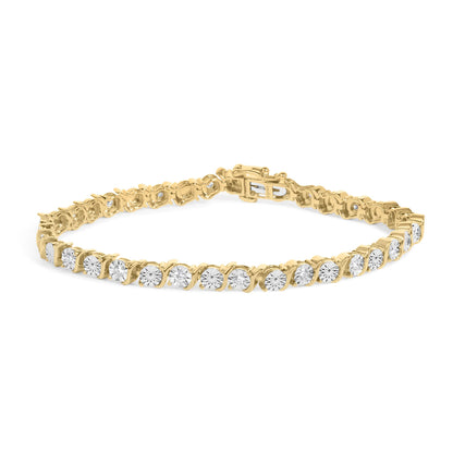 Close-up angled shot of a yellow metal bracelet with round white gemstones in prong settings, shown flat with the clasp open.
