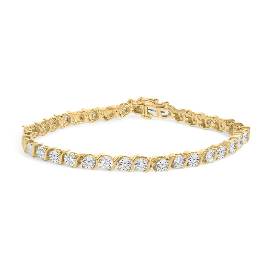 Angled view of gold-plated silver 2 CTTW lab-grown diamond tennis bracelet showcasing round diamonds on white