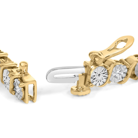 Close-up angled view of 10K yellow gold plated sterling silver lab-grown diamond tennis bracelet showing open clasp