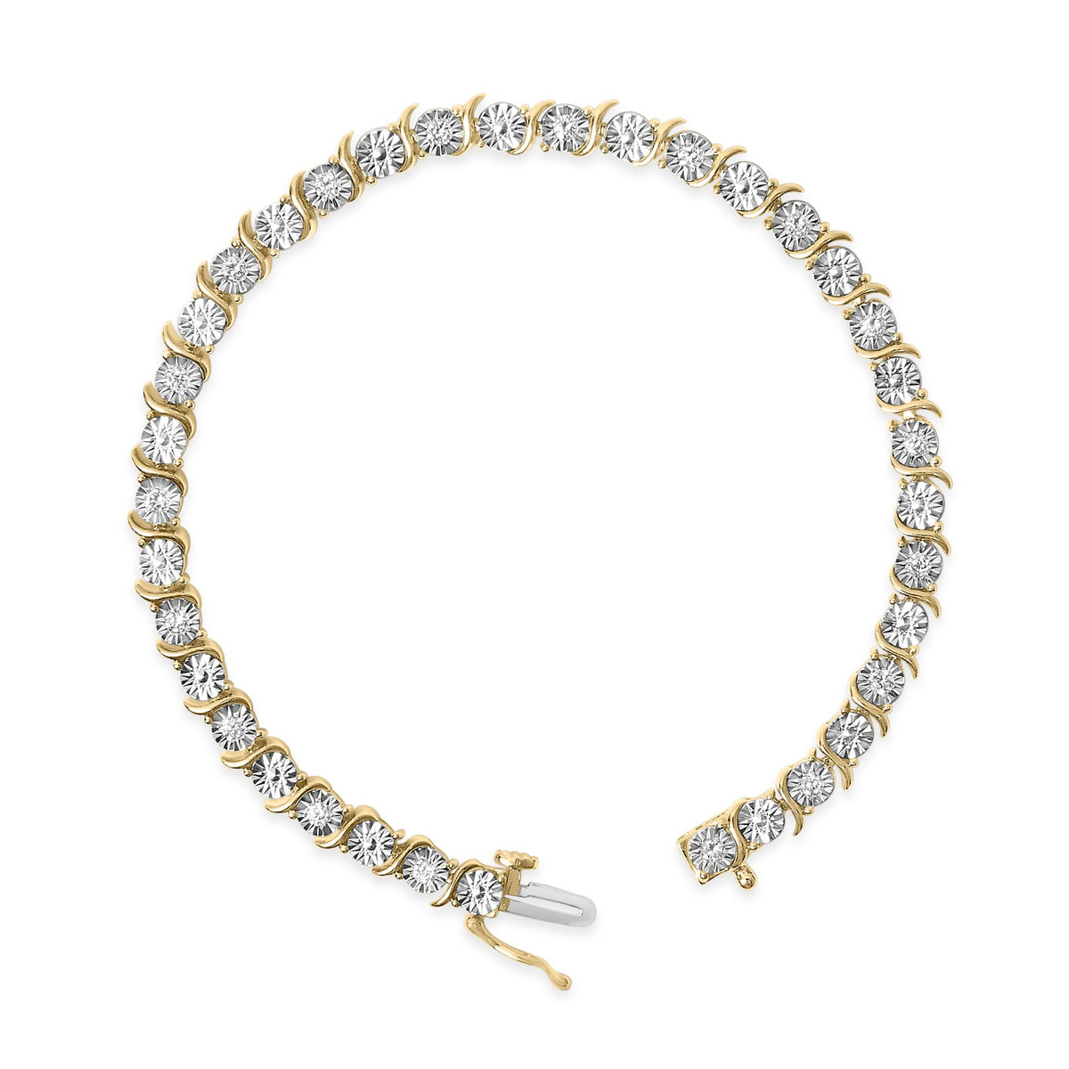 Close-up front view of a yellow metal bracelet featuring round white gemstones set in prongs, with a clasp visible at the bottom.