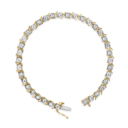 Close-up front view of a yellow metal bracelet featuring round white gemstones set in prongs, with a clasp visible at the bottom.