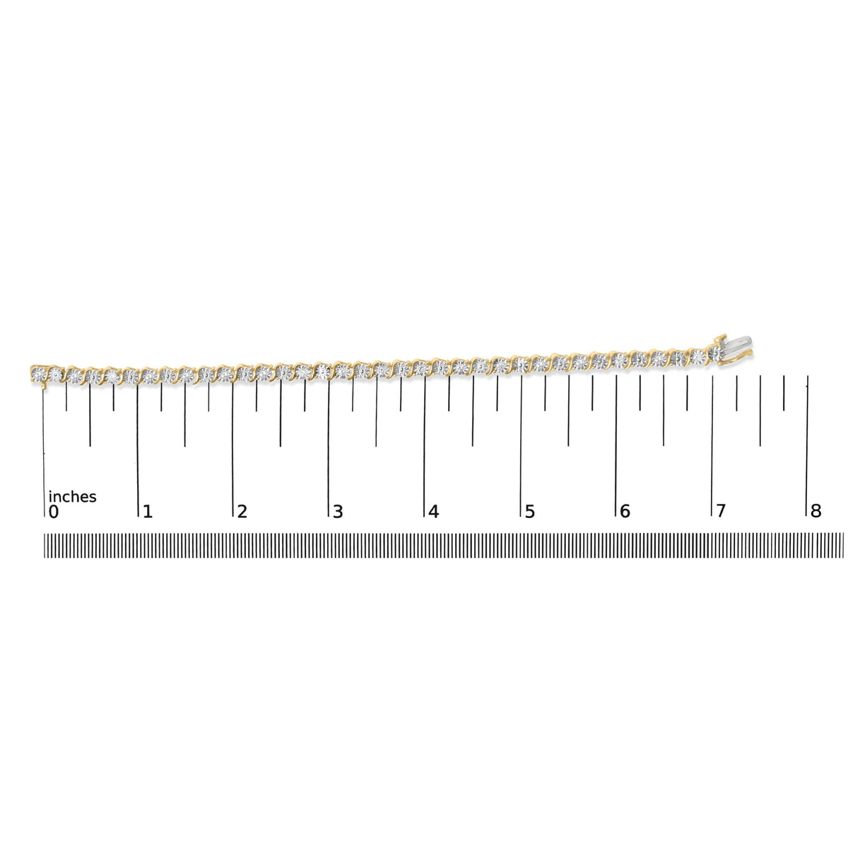 Yellow metal bracelet with round white gemstones in prong settings, shown on a ruler scale from a top-down angle.
