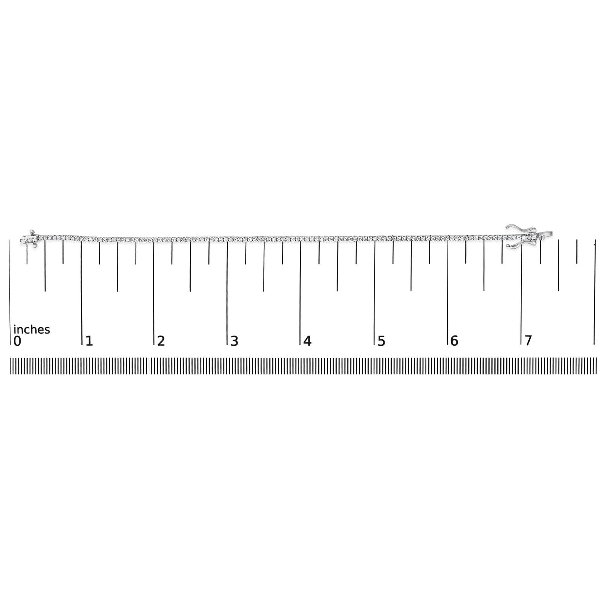 White metal tennis bracelet with round white gemstones in prong settings, shown flat on a measurement scale, photographed from above.