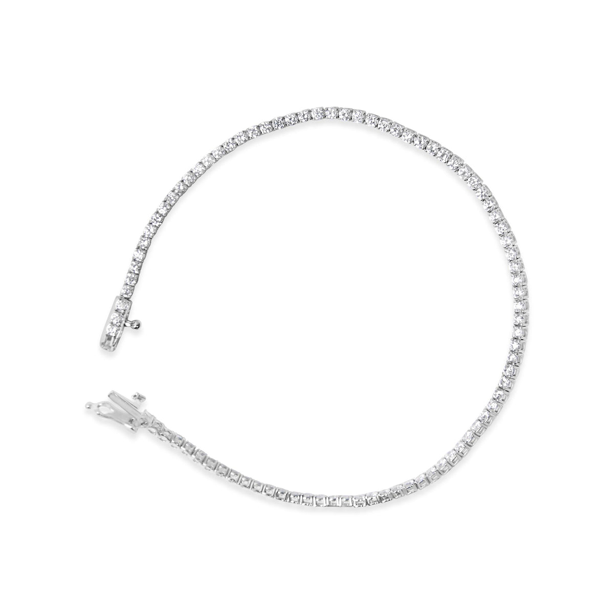 White bracelet with round white gemstones in prong settings, shown flat on a white background, angled slightly from above.