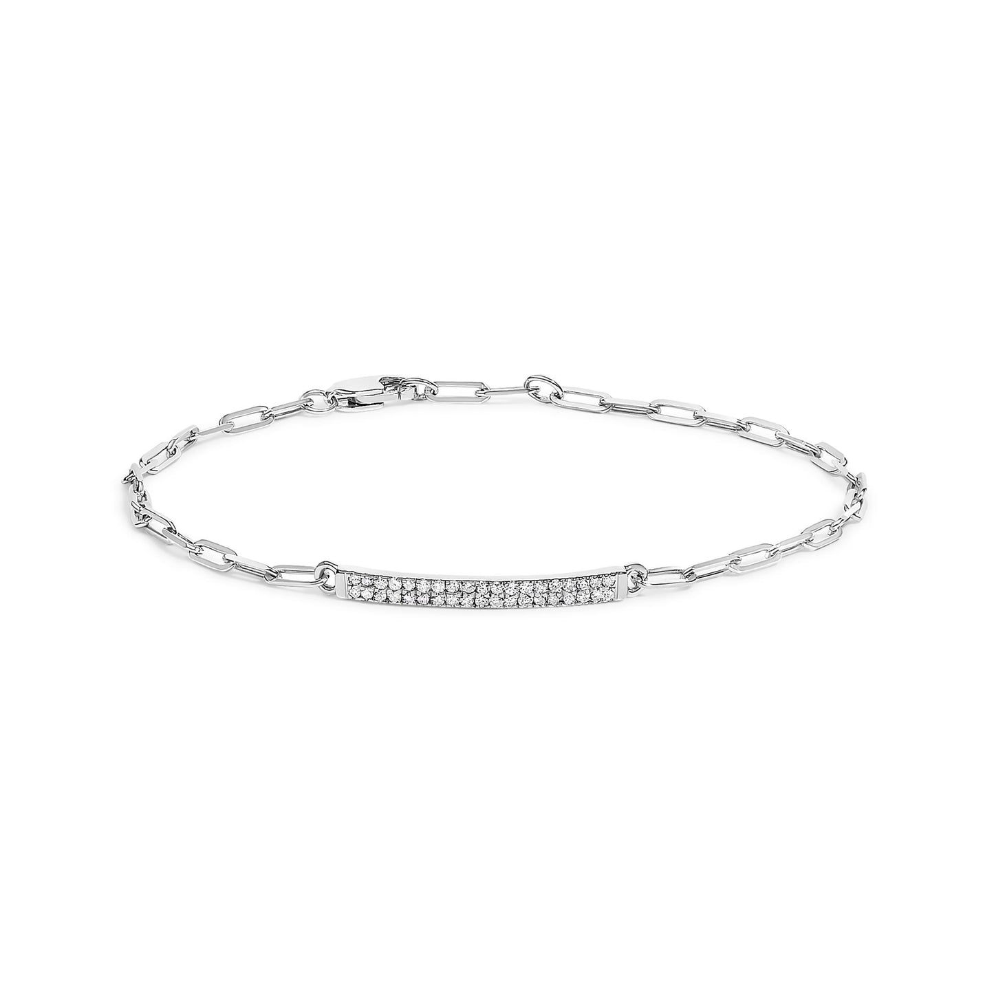 White metal bracelet with a chain link design and a horizontal bar set with round white gemstones, shown from a top front angle against a white background.