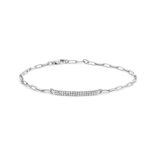 White metal bracelet with a chain link design and a horizontal bar set with round white gemstones, shown from a top front angle against a white background.