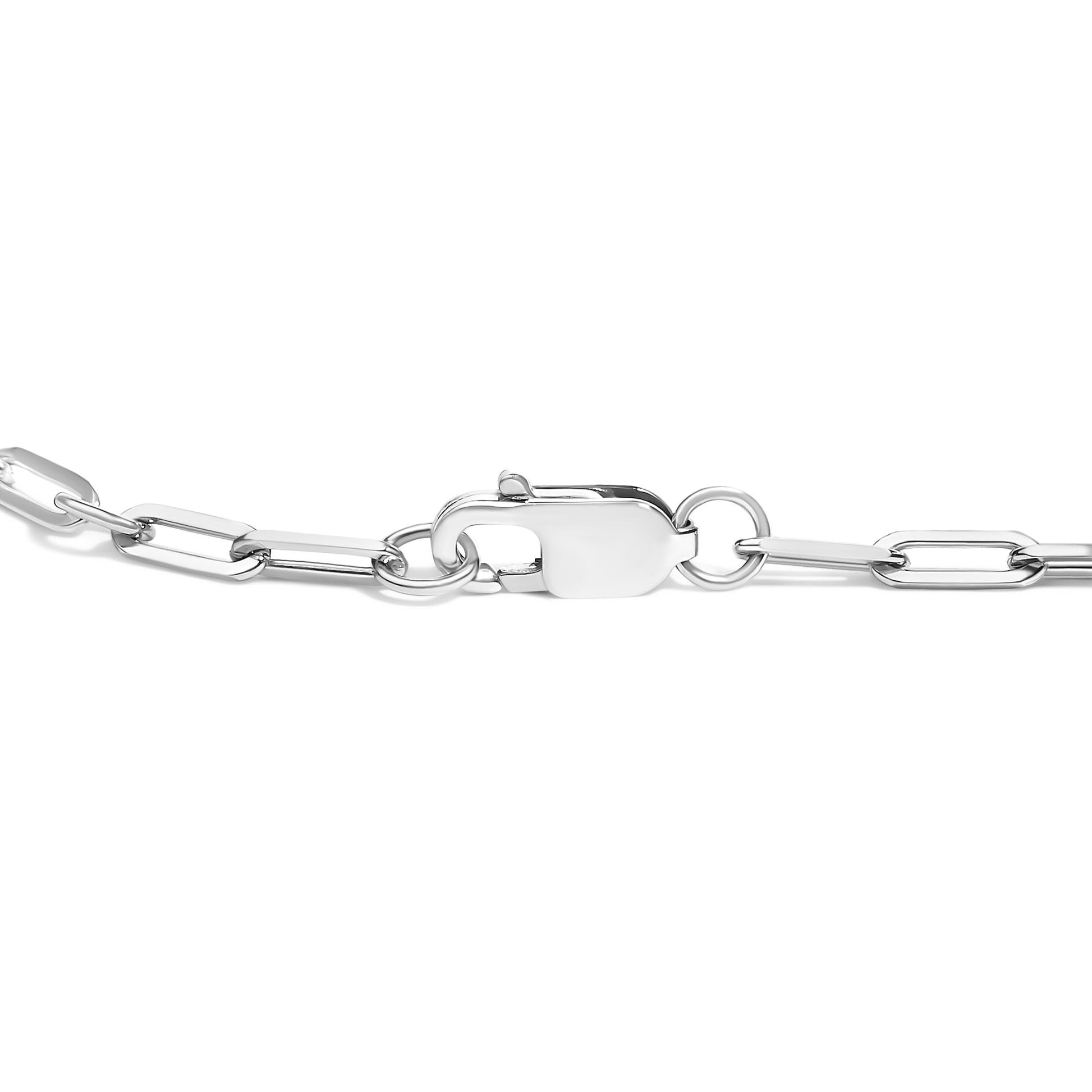 Close-up front angle of a white metal link bracelet with an oval clasp, shown against a white background without gemstones visible.