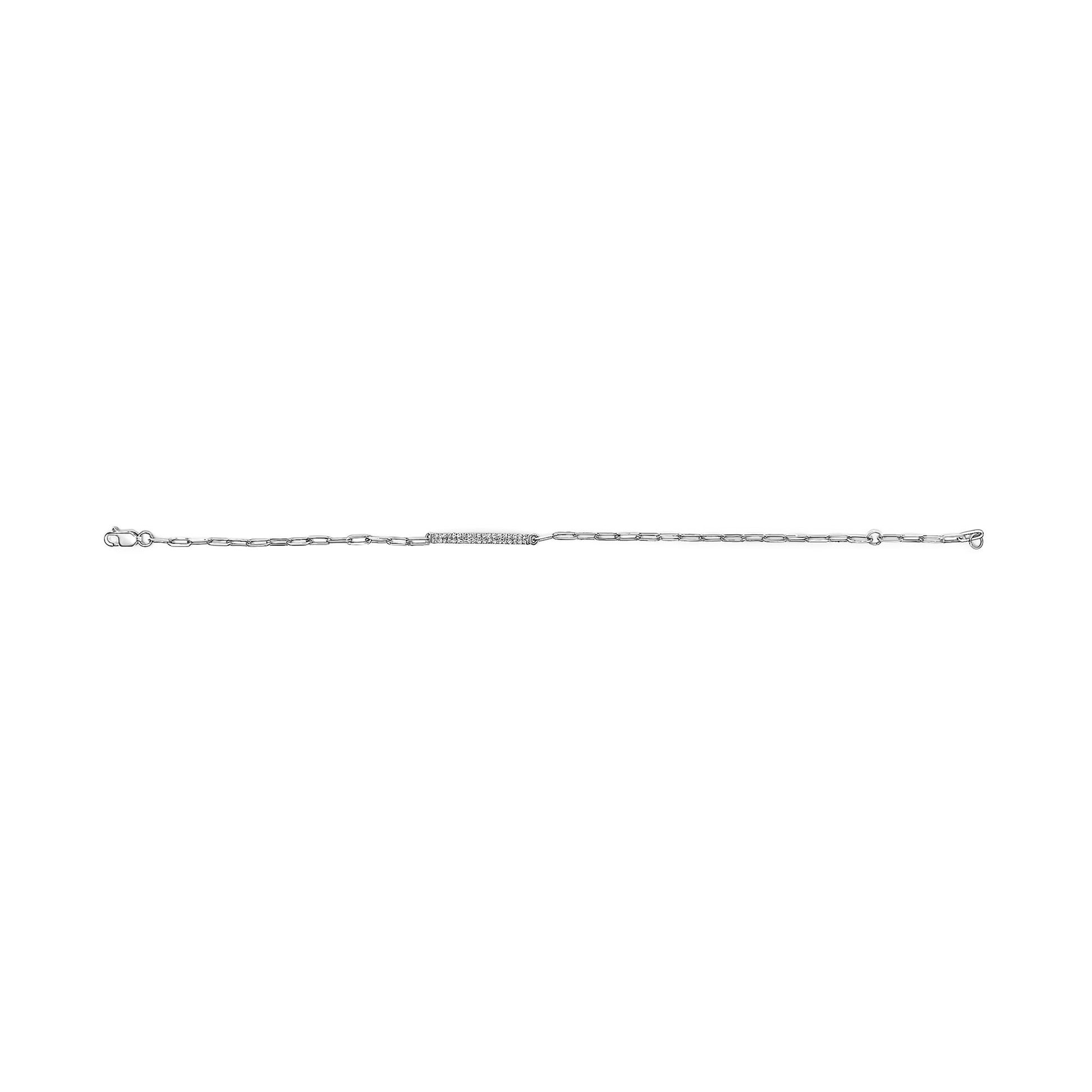 White-colored bracelet with a rectangular central section set with round white gemstones in prong settings, shown flat from a top-down angle.