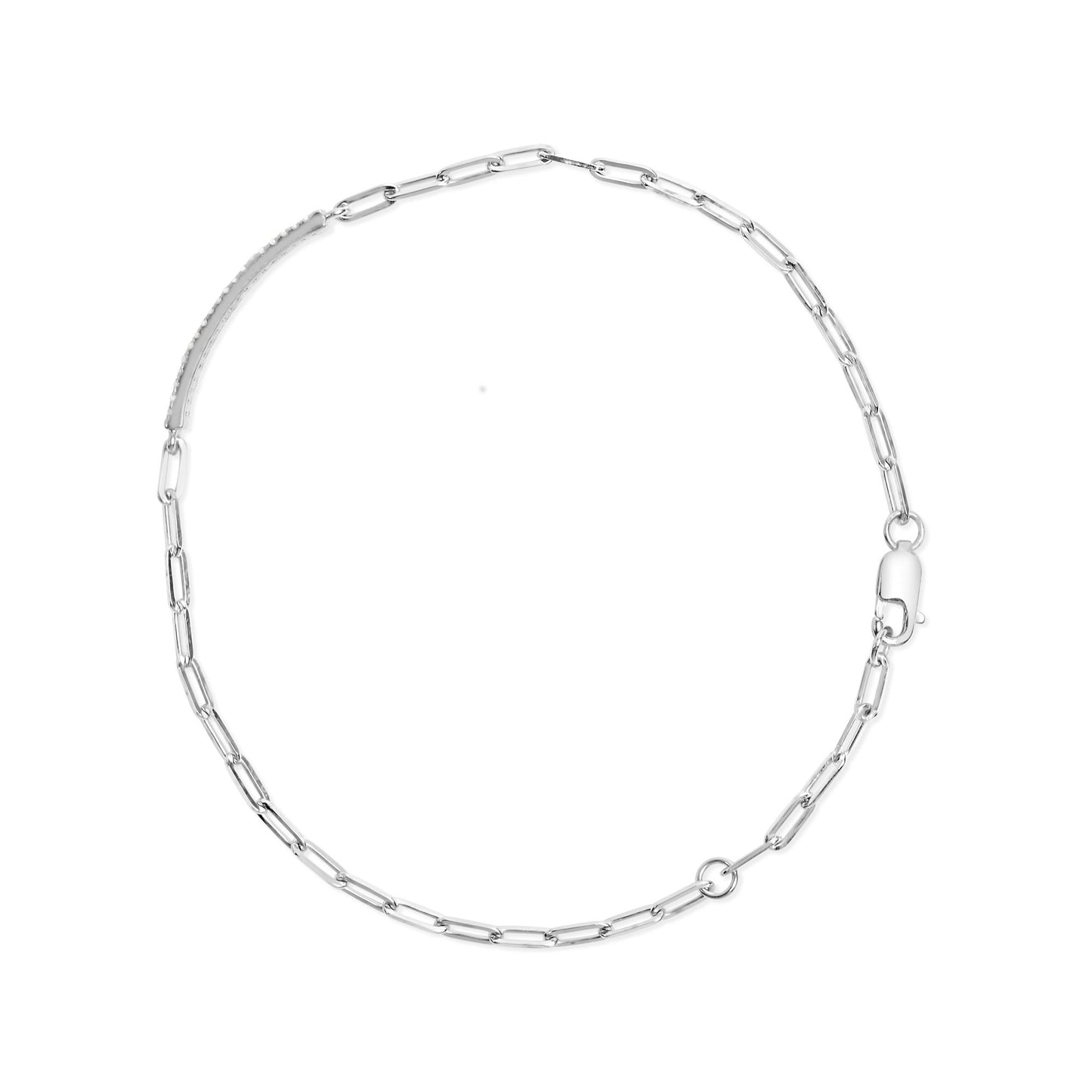 Top-down view of a white metal bracelet with elongated chain links and a section adorned with round white gemstones in prong settings.