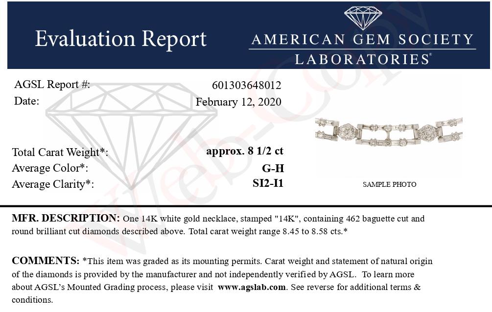 Image showing a white necklace with alternating baguette-shaped and round white gemstones set in a linear pattern, displayed close-up from a slight side angle.