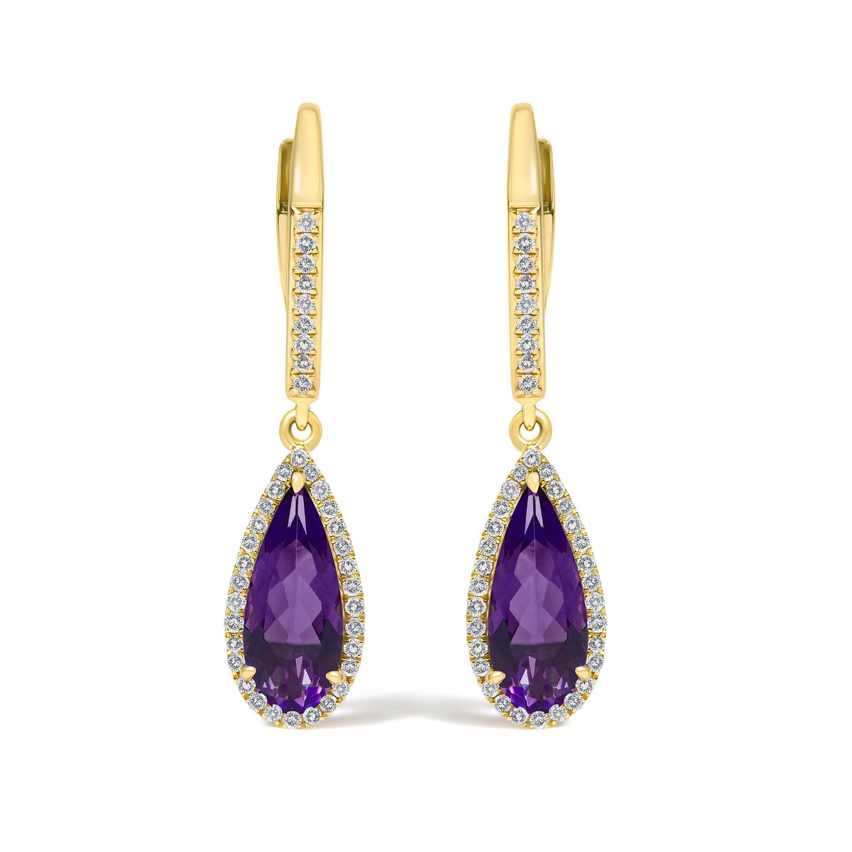 Close-up front view of yellow metal earrings featuring a vertical band decorated with small white gemstones in a micro-pave setting, and a dangling pear-shaped purple gemstone surrounded by small white gemstones.