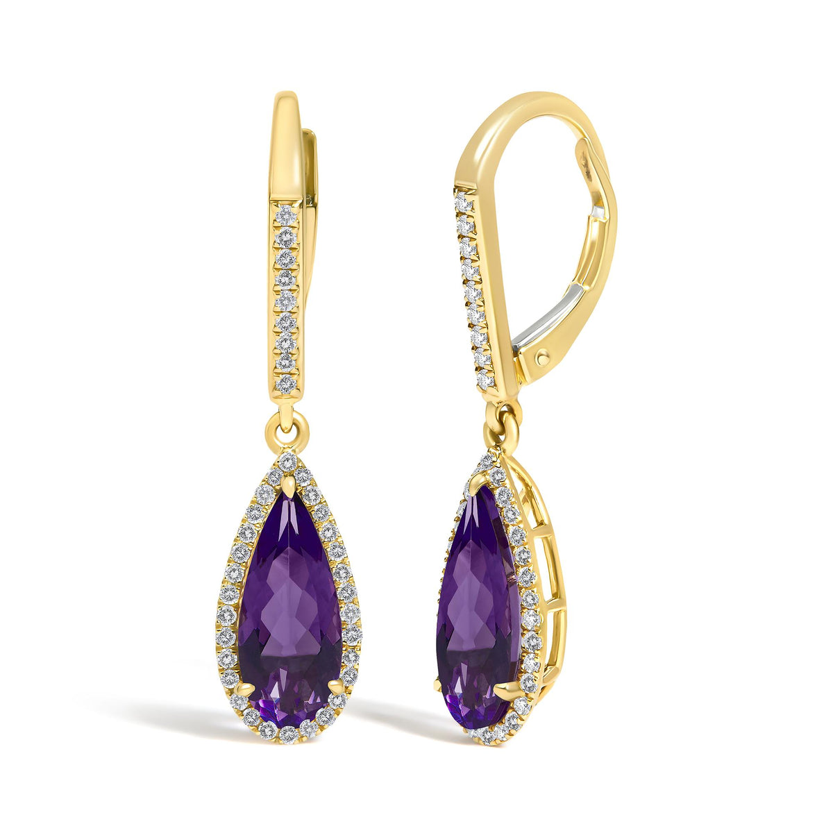 Close-up front view of a pair of yellow metal drop earrings featuring pear-shaped purple gemstones surrounded by small white gemstones, with additional white gemstones set along the upper part, shown against a white background.