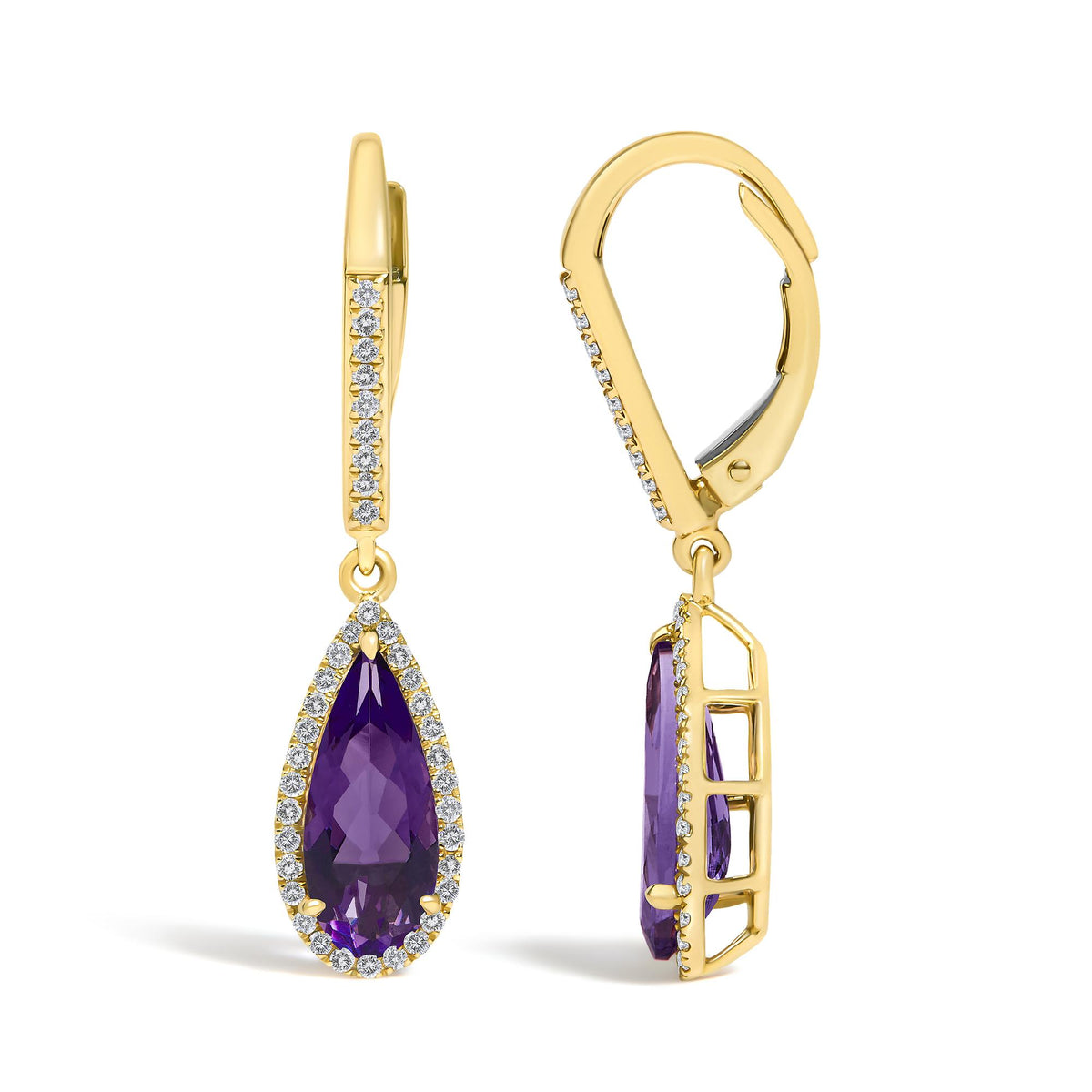 Pair of yellow metal drop earrings shown from front and side angles, featuring large pear-shaped purple gemstones surrounded by white gemstones in a pavé setting.
