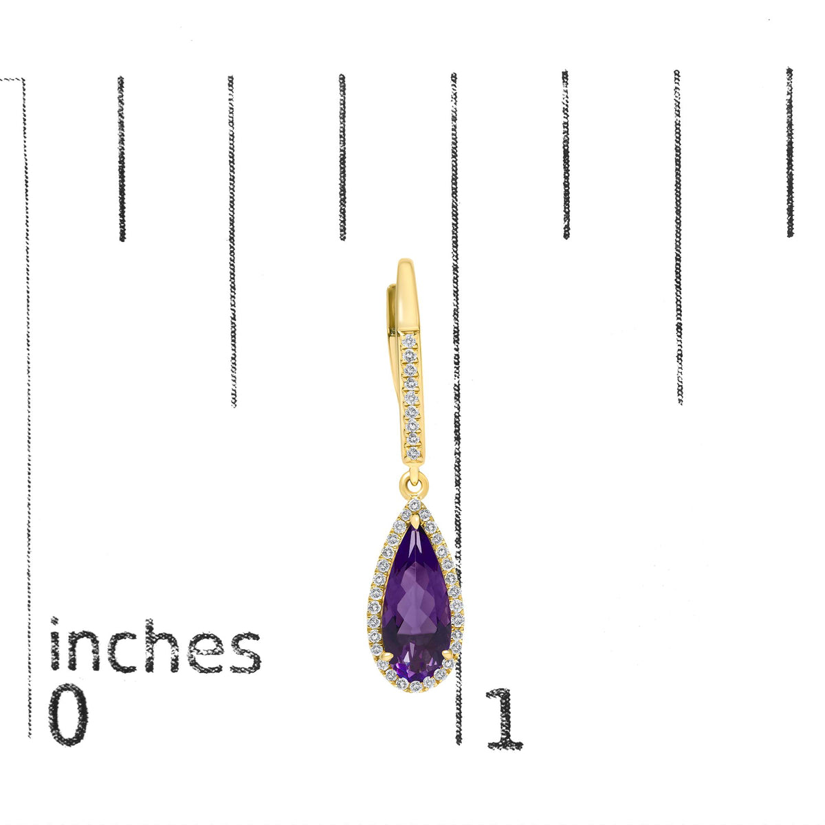 Close-up front view of a yellow metal earring with a vertical row of white round gemstones leading to a pear-shaped purple gemstone surrounded by small white gemstones, shown on a measurement scale.