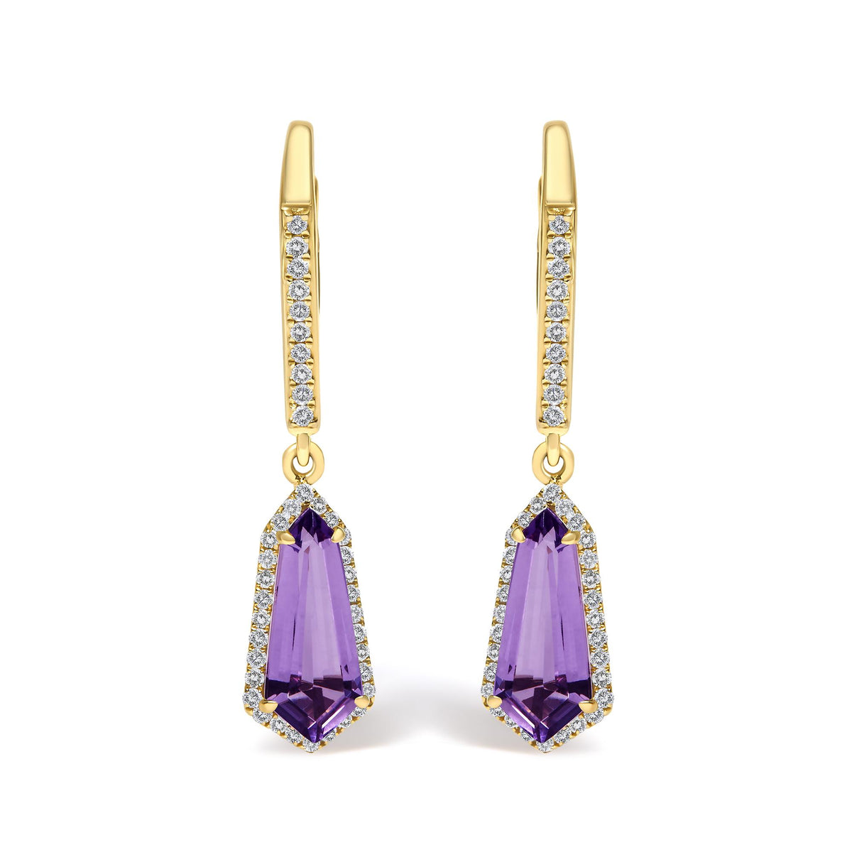 Close-up front view of a pair of yellow metal drop earrings featuring elongated triangular purple gemstones surrounded by small white gemstones, with a vertical row of small white gemstones on the upper part.