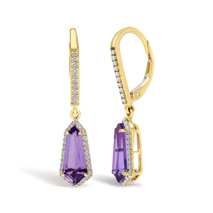Close-up front and side angle of yellow earrings with a long purple gemstone center surrounded by small white gemstones in a prong setting.