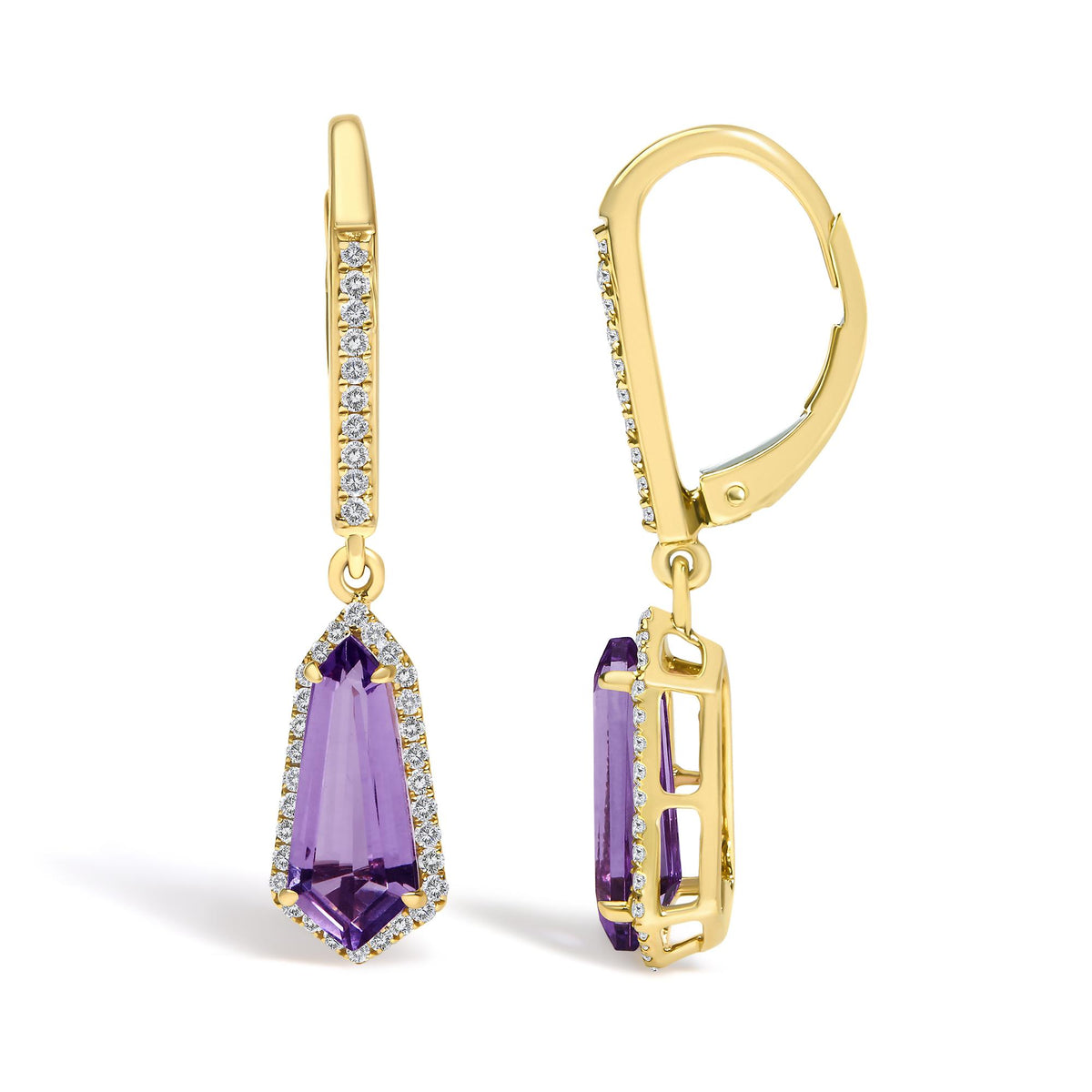 Close-up front and side view of yellow earrings with a prong-set purple gemstone surrounded by small white gemstones in a micro-pave setting, shown on a white background.