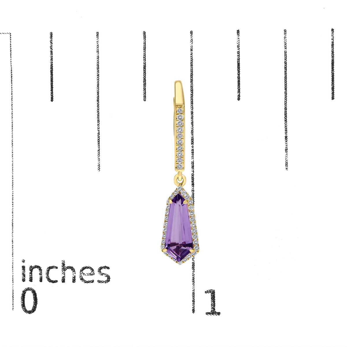 Close-up front view of a yellow metal earring featuring a trapezoid-shaped purple gemstone surrounded by small white gemstones in a prong setting, with a vertical bar above adorned with a row of small white gemstones, shown on a measurement scale.