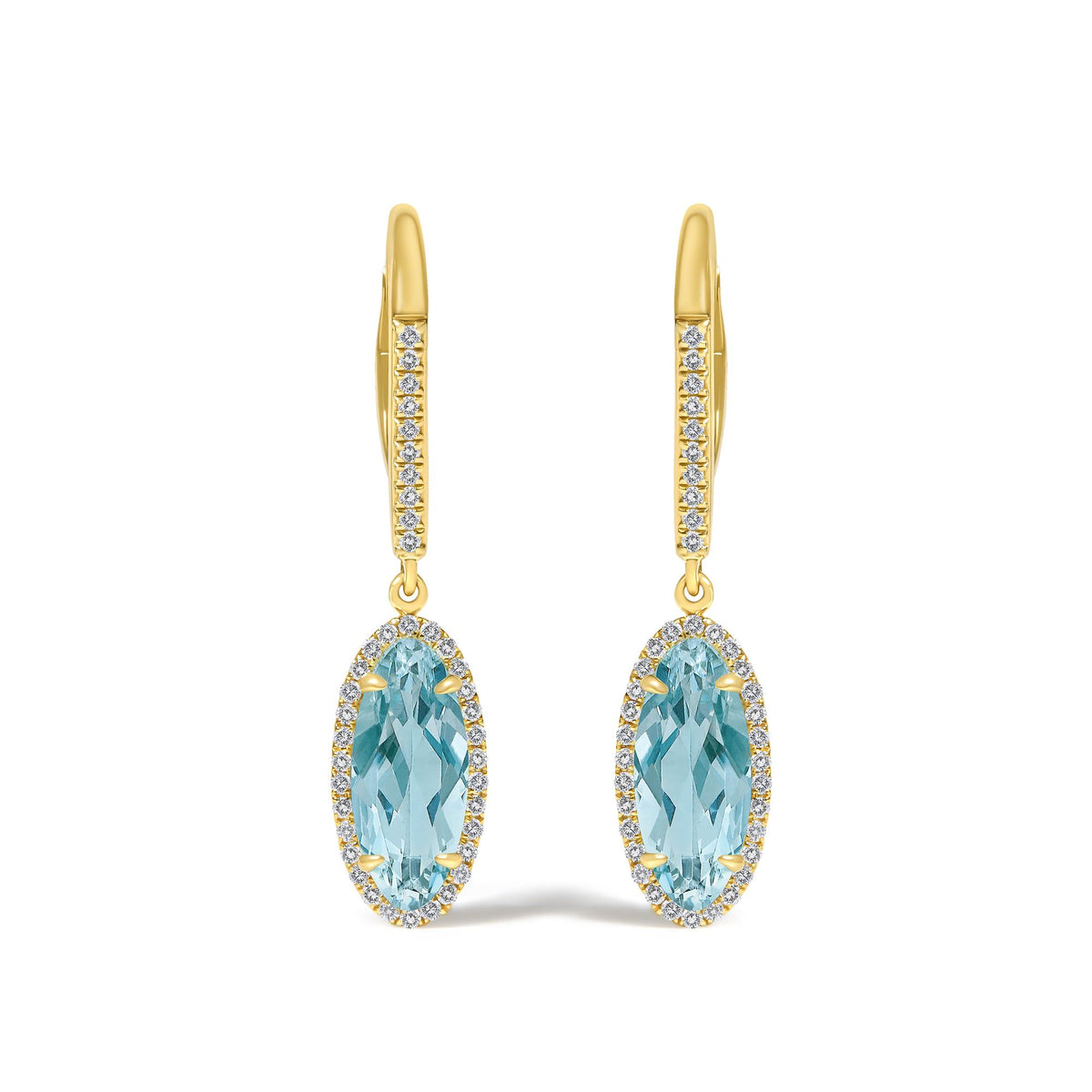 Pair of yellow metal drop earrings shown from the front on a white background. Each earring features a vertical bar lined with small white gemstones in a micro-pave setting, and a dangling oval blue gemstone surrounded by a halo of white gemstones.