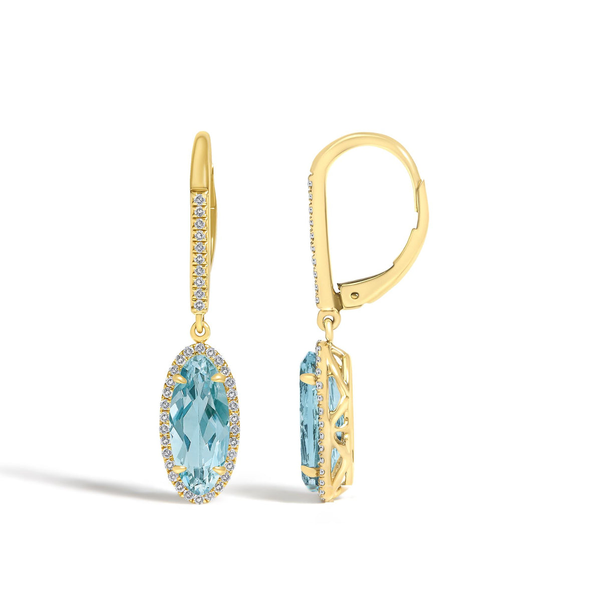 Close-up front and side view of yellow earrings with oval blue gemstones surrounded by small white gemstones, shown on a white background.
