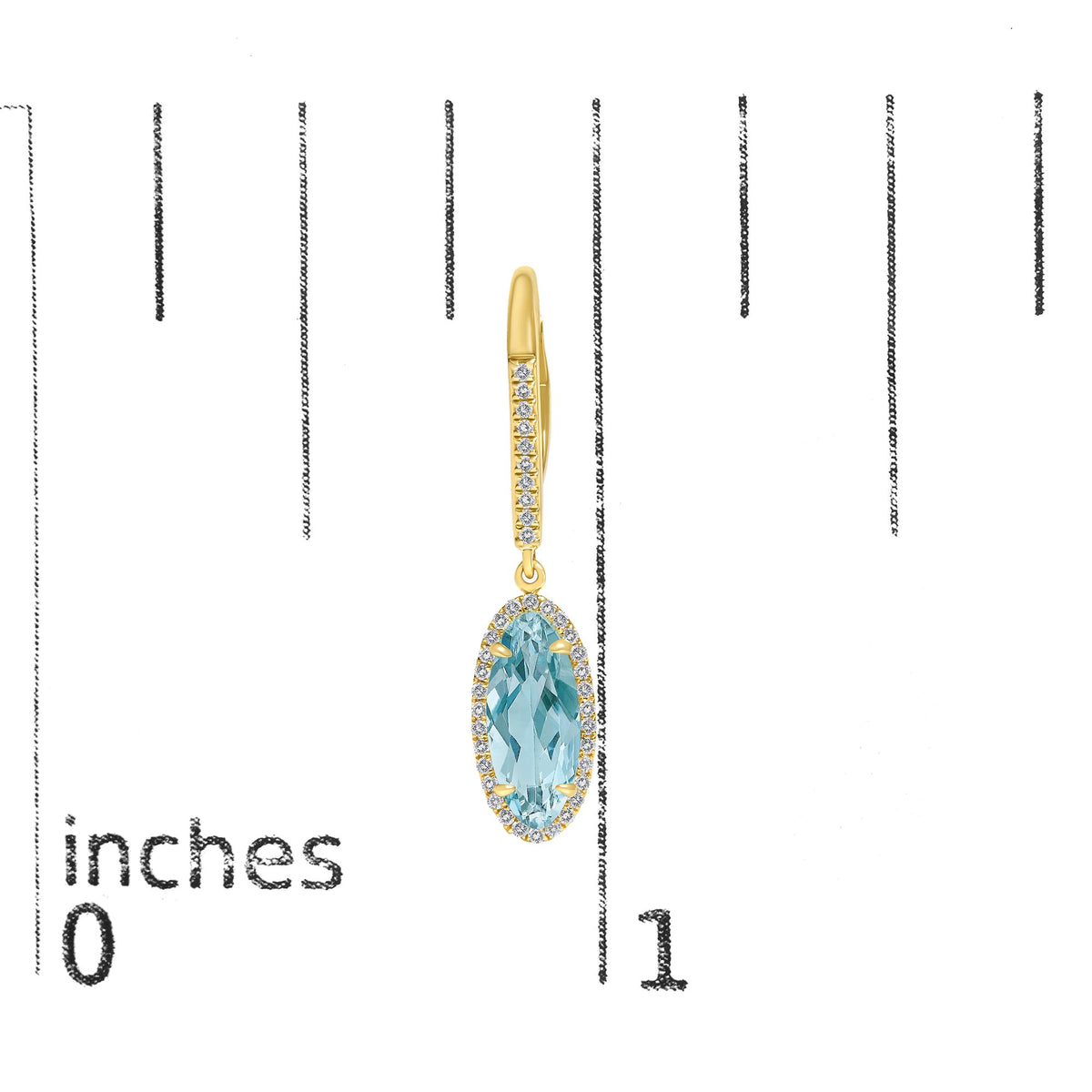 Close-up of single yellow earring shown on a measurement scale. The earring features an oval blue gemstone with a surrounding halo of small white gemstones and a yellow vertical bar with small white gemstones set in a row.