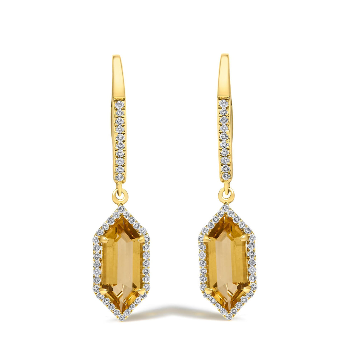 Front view of 10K yellow gold hexagon citrine and diamond halo leverback earrings on a white background