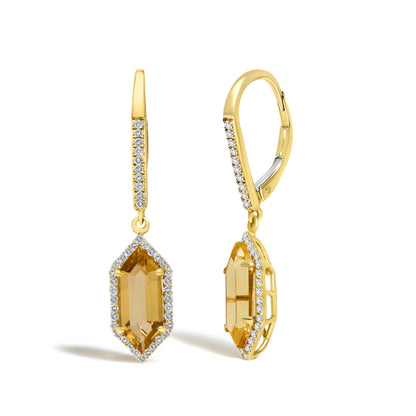 Front and side views of 10K yellow gold citrine drop earrings with diamond halos and leverback closures on white