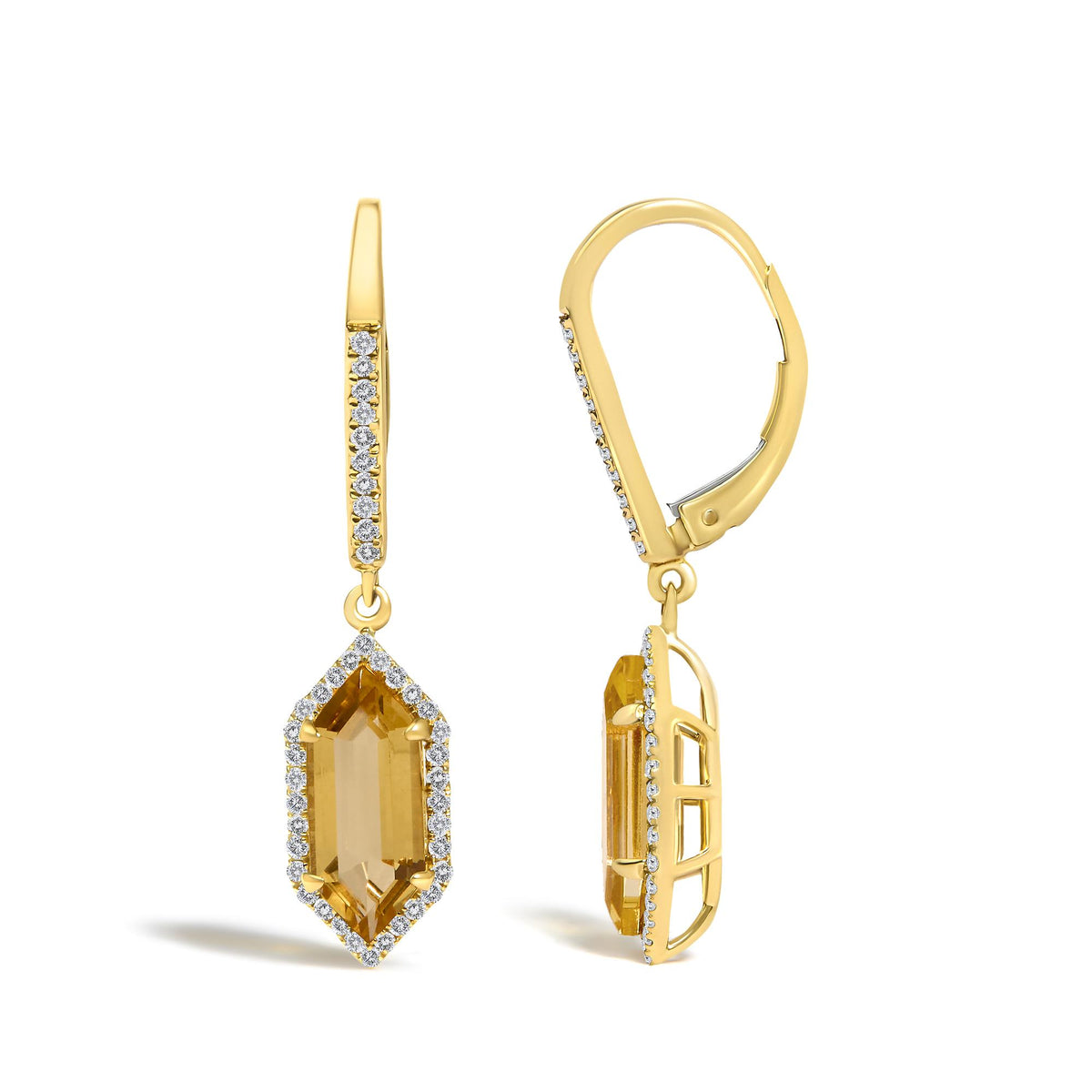 Close-up front and side view of a single yellow metal earring with a yellow gemstone surrounded by white gemstones in prong and micro-pave settings.