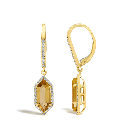 Close-up front and side view of a single yellow metal earring with a yellow gemstone surrounded by white gemstones in prong and micro-pave settings.
