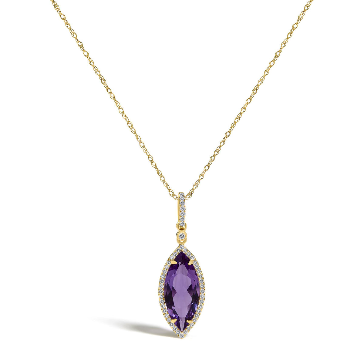 Close-up front angle of a yellow metal necklace with a marquise-shaped purple gemstone pendant surrounded by small white gemstones in a prong and micro-pave setting, shown on a white background.