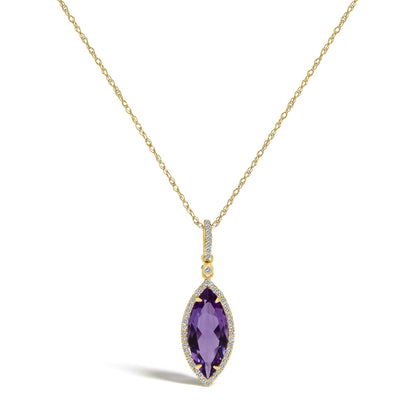 Close-up front angle of a yellow metal necklace with a marquise-shaped purple gemstone pendant surrounded by small white gemstones in a prong and micro-pave setting, shown on a white background.