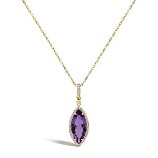 Close-up front angle of a yellow metal necklace with a marquise-shaped purple gemstone pendant surrounded by small white gemstones in a prong and micro-pave setting, shown on a white background.