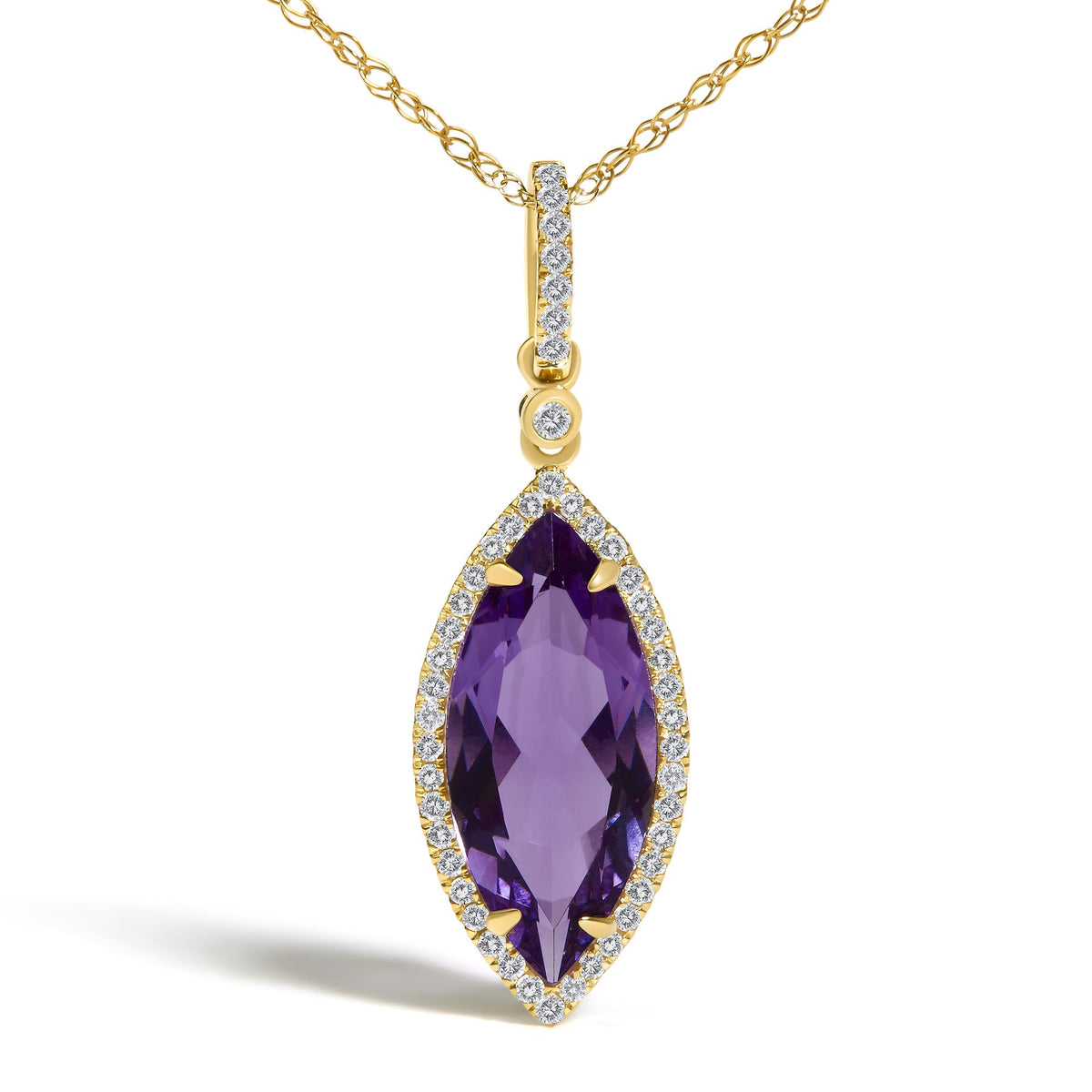 Close-up front angle of a yellow metal necklace pendant with a large marquise-shaped purple gemstone surrounded by small white round gemstones, shown on a white background.