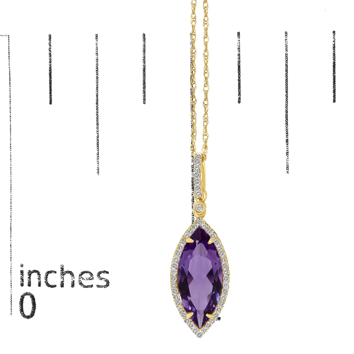 Close-up front view of a yellow metal necklace with a marquise-shaped purple gemstone pendant surrounded by white round gemstones in a micro-pave setting, shown on a scale.