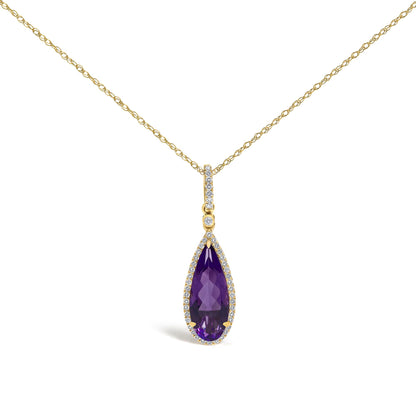 Close-up front view of a yellow metal necklace with a pear-shaped purple gemstone pendant surrounded by small white gemstones in a micro-pave setting.
