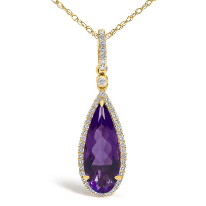 Close-up front angle of a yellow necklace with a pear-shaped purple gemstone pendant surrounded by small white gemstones in a micro-pave setting.