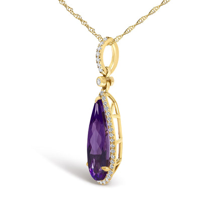 Close-up front angle of a yellow necklace featuring a pear-shaped purple gemstone surrounded by white round gemstones in a micro-pave setting.